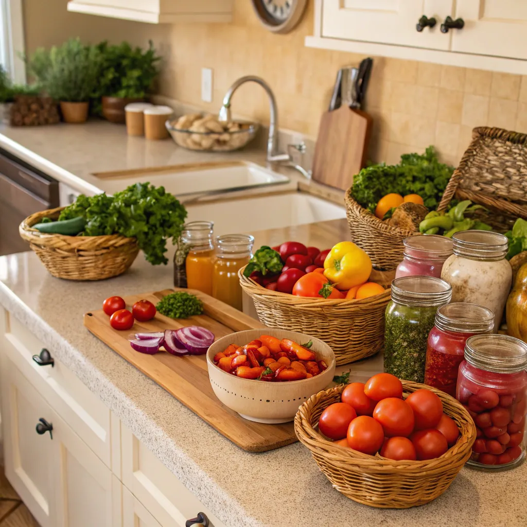 A cheerful kitchen scene with fresh ingredients