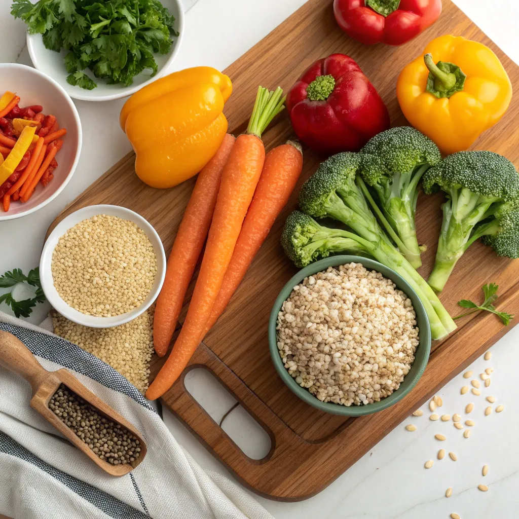 Healthy cooking ingredients including vegetables and grains